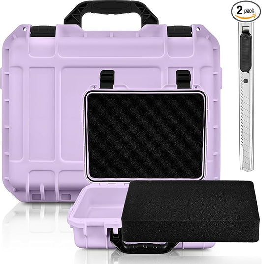 14.3 x 11.4 x 4.5 Inch Waterproof Hard Case with DIY Customizable Foam Insert Portable Protective Case with Knife for Camera Drones Equipments Tools Test Instruments (Purple)