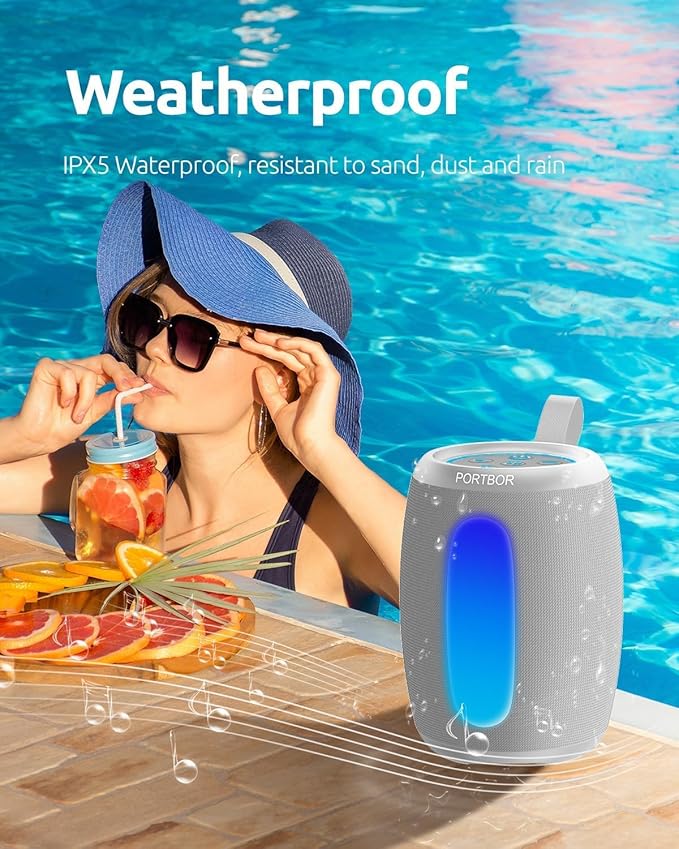 Portable Bluetooth Speaker Wireless, Powerful Stereo Sound Small Speaker with Lights, IPX5 Waterproof, TWS Pairing, BT 5.3 with AUX Input, for Outdoor/Home/Camping/Beach/Shower, Him Her Ideal Gifts