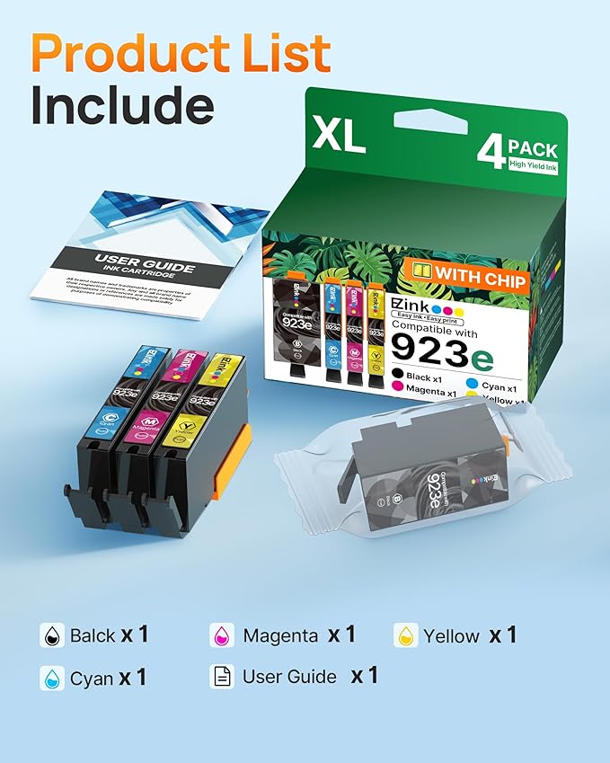 E-Z Ink 923XL 923e 923 Ink cartridges Replacement for hp 923xl Ink cartridges Combo Pack for hp officejet pro 8130e 8125e 8135e 8138e 8139e 8122e Printers(4 Pack Black and Color Combo Pack with Chip)
