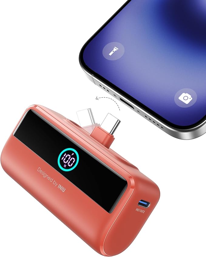 INIU Compact Portable Charger, 5500mAh Power Bank with Build-in USB-C Connector, 22.5W PD Fast Charging Powerbank, Family Flight Cruise Ship Essential Phone Charger for iPhone 16 15 Samsung, Orange