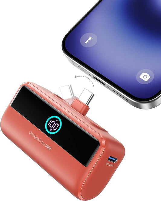 INIU Compact Portable Charger, 5500mAh Power Bank with Build-in USB-C Connector, 22.5W PD Fast Charging Powerbank, Family Flight Cruise Ship Essential Phone Charger for iPhone 16 15 Samsung, Orange