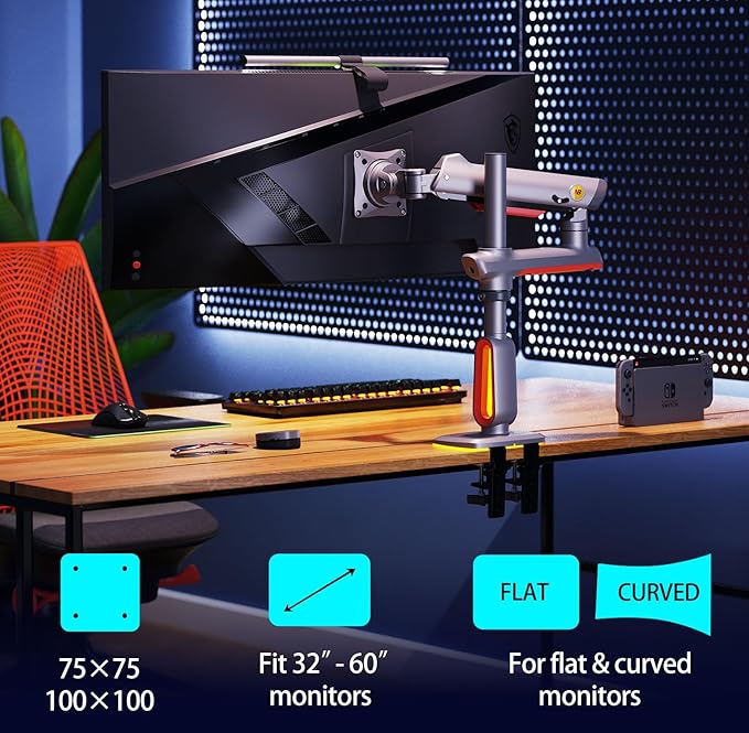 NB Extra Height Gaming Monitor Arm for 32 to 60 Inches Screen, Load up to 20 kg, VESA 75/100, RGB-Light, Heavy Duty, Multi Angle Adjustable, Premium Aluminum, Long Arm Extension Red