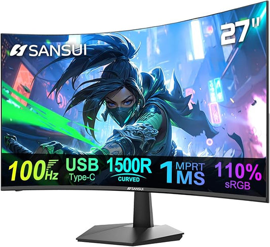 SANSUI Curved Monitor 27 inch 100Hz USB Type-C Computer Monitor with Speakers Built in丨FHD 1080p丨HDR丨110% sRGB丨1500R丨VESA Compatible,for Tablet,Desktop,Laptop and PC Work Gaming
