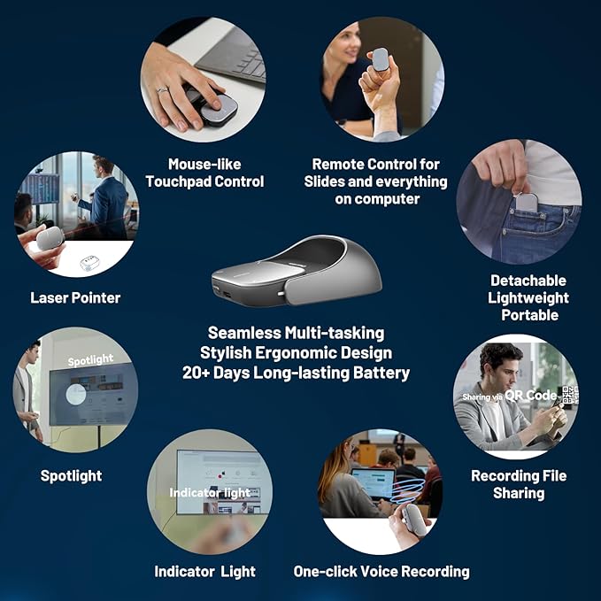 Cheerdots2 Bluetooth Detachable Air Mouse Touchpad Mouse with Voice Recording, Presentation Clicker Wireless Presenter Presentation Remote with Laser Pointer for Mac, Windows (Recording, Silver)