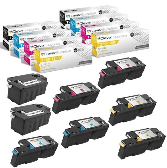 CS Replacement Toner Cartridge Compatible with Dell 1250 331-0778 Black 331-0777 Cyan 331-0779 Yellow 331-0780 Magenta 1355cn 1355cnw 1350cnw C1765 1250c C1760 C1765nf C1760nw C1765nfw 8 Color Set