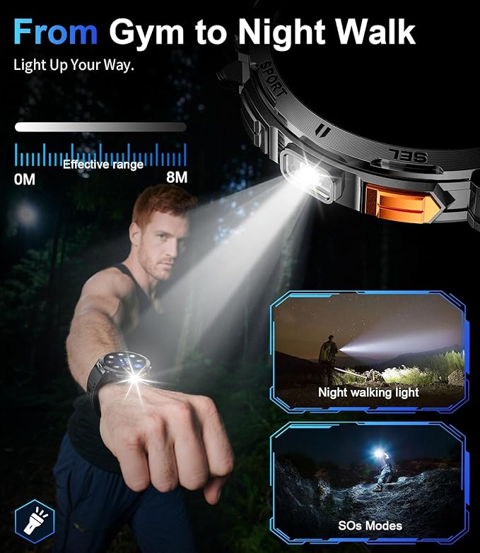 LIGE Smart Watches for Men with LED Flashlight/Call, 1,62'' HD AMOLED Screen 730mAh Military Smartwatches with 110+ Sports, 3ATM Fitness Tracker with 24/7 Heart Rate/Sleep for iOS Android, Black