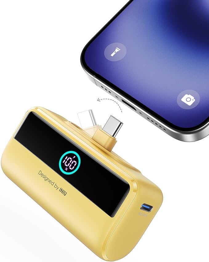 INIU Mini Portable Charger, 5500mAh Power Bank with Build-in USB-C Connector, 22.5W Fast Charging Battery Pack, Travel Essential Charger for iPhone 16 15, Fit for College Students Boys Girls, Yellow