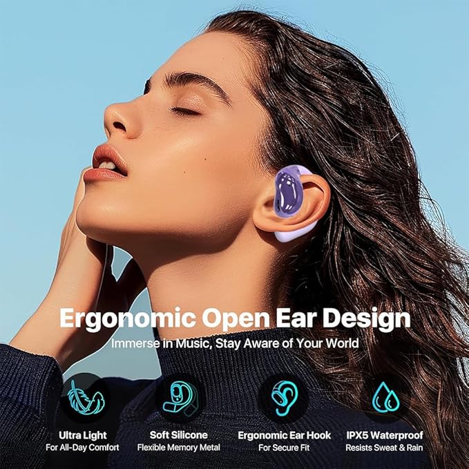 Open Ear Earbuds Ultra Comfort Wireless Bluetooth 5.4 Headphones Over The Ear Earbuds with Intelligent Touch Screen EarHooks IPX7 Waterproof Bone Conduction Earphones for Fitness Sports-Purple