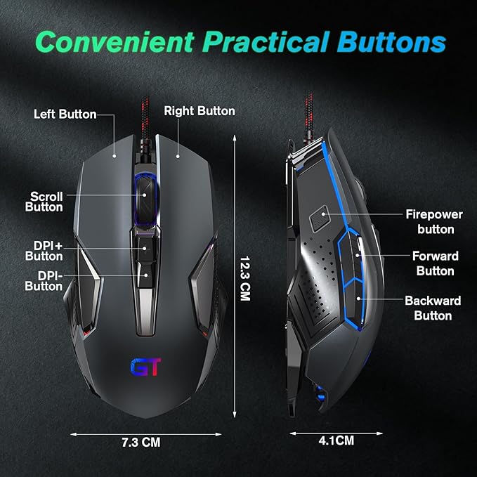 RaceGT Gaming Mouse Wired RGB PC Gaming Mice, 4 Color Backlight, Ergonomic Optical Computer Wired Mouse with Fire Button for Desktop PC Laptop Gamer & Work