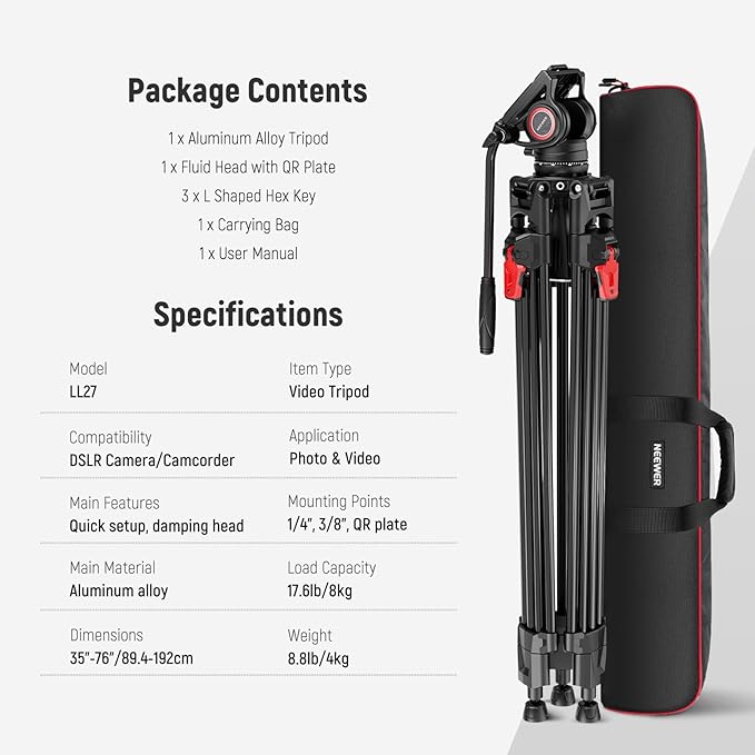 NEEWER 76" Video Camera Tripod with Fluid Head, One Step Quick Release Portable Tripod, Aluminum Heavy Duty Tripod Stand, Dual Mode QR Plate for DSLR Cameras Camcorders, Max Load 17.6lb, LL27