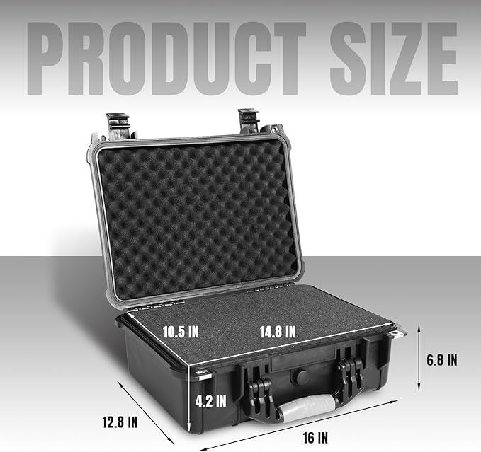 16x 12.8x 6.8 Inch Hard Case, Portable Weather Waterproof Protective Camera Case with Customizable Foam, Fit Use of Drones, Camera, Equipments, Black