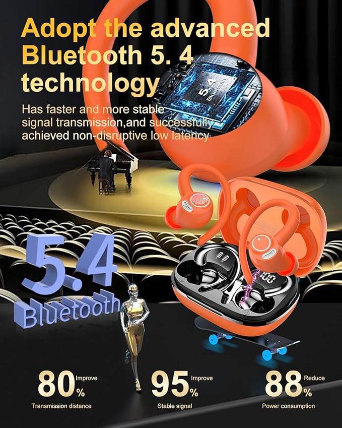 Wireless Earbuds, Bluetooth 5.4 Headphones Sport, Over Ear Buds With ENC Noise Cancelling Mic, 48H, Wireless Earphone With Earhooks, Stereo Deep Bass, IP7 Waterproof ear bud for Workout Running,Orange