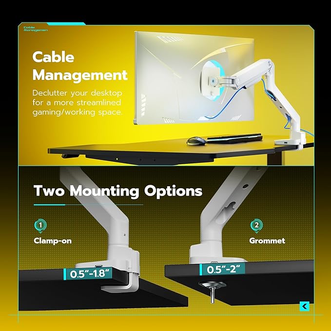 ARES WING Single Ultrawide Monitor Mount with USB A/C, Heavy Duty Monitor Arm for 17 to 49 inch Screen, Holds 44 lbs, Adjustable Gas Spring Arm Desk Mount with Clamp and Grommet Base, White