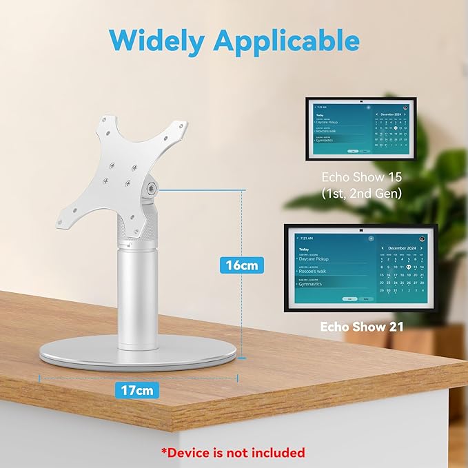 Almoz Desk Stand for Echo Show 21, Echo Show 15 (All Generations), Raises Up to 9.5" from Desk, Tilt and Swivel Mount for Alexa Echo Show 21, No Tools Required, Stable Centered Rod Design (UP-Silver)