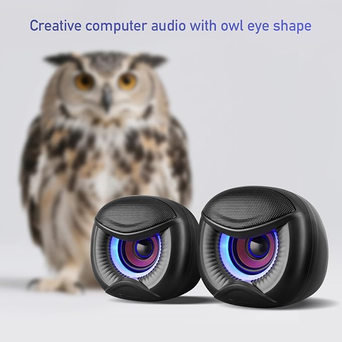 USB Computer Speakers for RGB Lighting, PC Speakers with a USB-C Interface are Suitable for Desktop Laptop Monitor, Owl Eye Design, Blue Lights