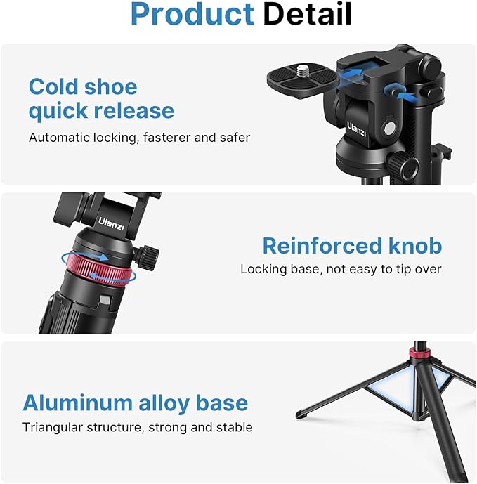 ULANZI MT-78 Extendable Phone Tripod, metal 72.83" Selfie Stick Camera Tripod Stand with 2 in 1 Phone Clip, 360° Ball Head Camera Tripod with cold shoe for iPhone 17 Sony Canon, Lightweight for Travel