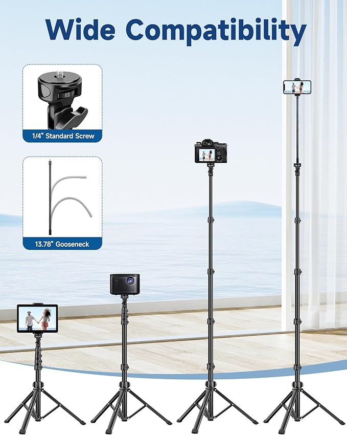 Phone Tripod Stand, 85" Tall Cellphone Tripod for iPhone with Gooseneck Remote, Flexible Portable Phone Stand for Recording, Compatible with iPhone 14 13 12 pro Android Camera