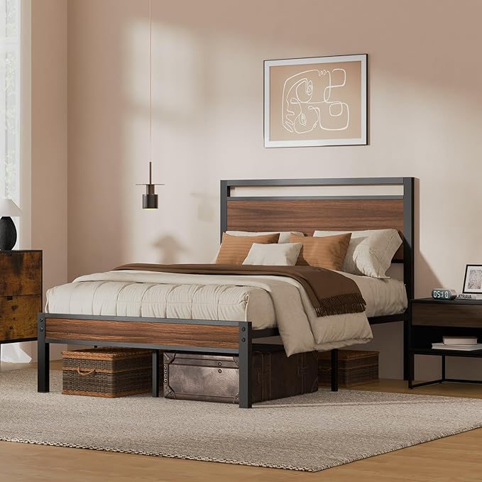 Z-hom Upgraded Full Size Bed Frame, Heavy Duty Metal Sturdy Full Bed Frame with Modern Wood Headboard & Footboard, Stable Platform Bed Furniture Bed Storage, No Noise, No Box Springs,Walnut