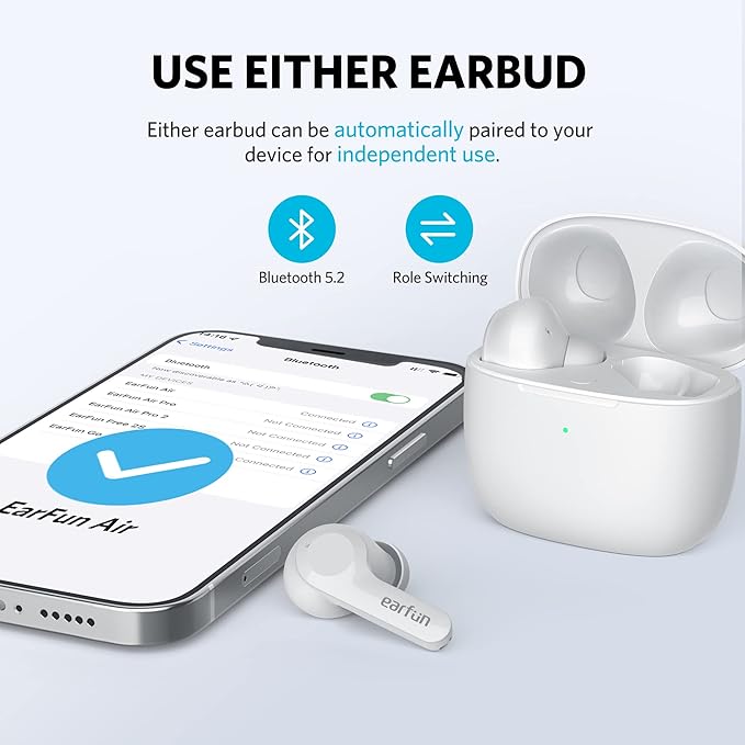 EarFun Air True Wireless Earbuds, Bluetooth Earbuds with 4 Mics, Sweatshield IPX7 Waterproof with Volume Control, USB-C Fast Charge, in-Ear Headphones with Wireless Charging, Deep Bass, 35Hrs, White