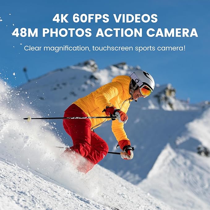 Action Camera 4K 60FPS 48MP, EIS Sports Camera with 128GB Card,131FT Underwater Waterproof Camera with Case, 2inch Touch Screen, 8X Zoom, Remote Control, Batteries & Mounting Kits
