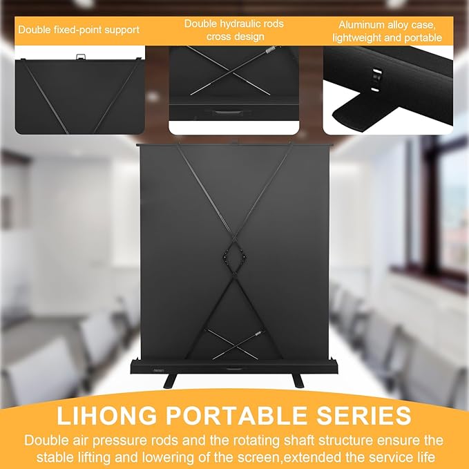 LIHONG Floor Rising Projector Screen Indoor & Outdoor 16:9 HD Portable Matte White Projection Screen for Long Standard Projector Fast Setup for Movies, Office Presentations & More (100 Inch/16:9)