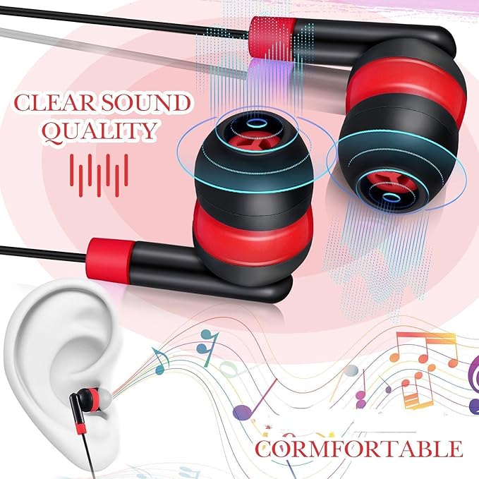 Kanayu 100 Pack Wired Earbuds Bulk for Classroom Ear Headphones Wired Basic Student Earbuds No Microphone with 3.5mm Jack for Kids Class Laptop School Library, Individually Bagged(Red)