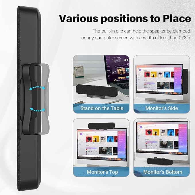 Computer Speakers for Desktop Pc, Monitor Speakers for Laptop,Pc Speakers with Loud Sound,Volume Control Easily Clamps to Monitors(USB-C to USB Adapter Included) (Black)