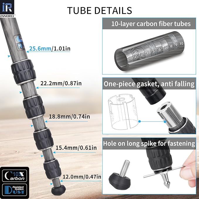 Carbon Fiber Tripod-INNOREL GT255C Professional Camera Compact Tripod Stand for Travel Outdoor Digital DSLR with Low Gravity Center Ballhead Special-Shaped Center Column Max Height 67.7in/172cm