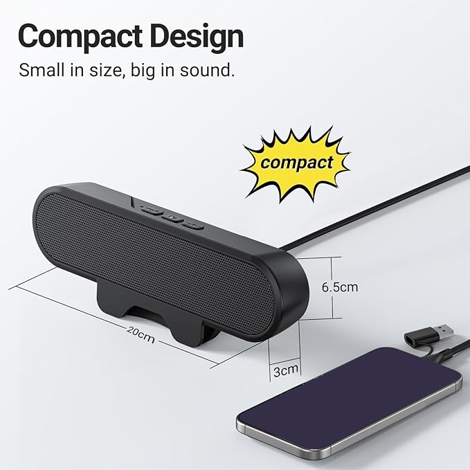 ASHATA USB Speaker Bar, Stereo USB Powered Speaker Computer Speakers with Loud Sound,Volume Control for Desktop Pc, Easily Clamps to Monitor, Convenient Controls