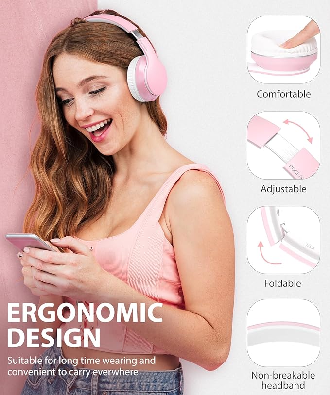 rockpapa E7 Over Ear Wireless Bluetooth Headphones with Mic Without Travel Case, Foldable Wired/Wireless Headphones with Microphone for Kids Childrens Boys Girls Teen Youth Adult Pink White