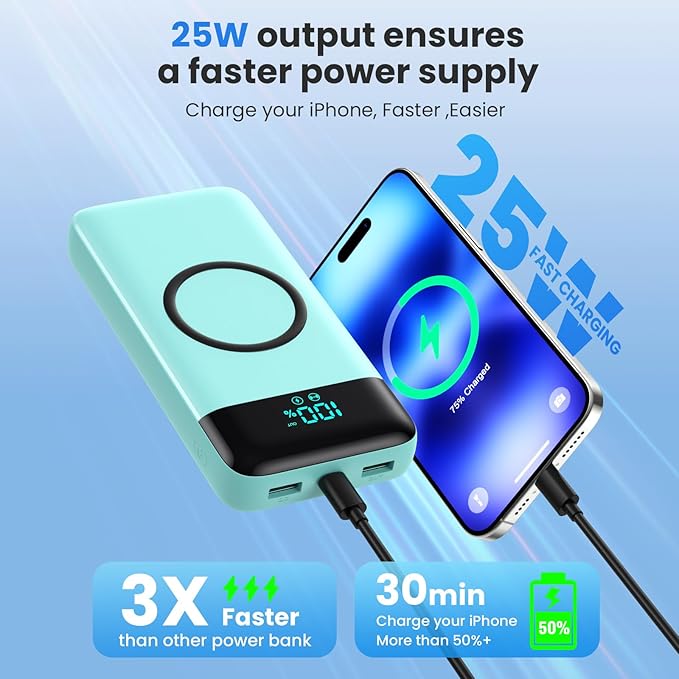 Wireless Portable Charger 40800mAh for iPhone with 3 Built-in Cables,7-in-1 15W Wireless Charging USB C Power Bank,LCD Display 25W PD QC 4.0 Fast Charging Battery Pack for iPhone 16/15/14/13/12-Green