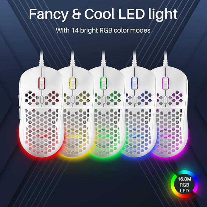 DIERYA M1SE Wired Gaming Mouse with Honeycomb Shell, 12800DPI Optical Sensor, 6 Programmable Macros, Software Support for Custom Key Config, and RGB Settings for Windows 7/8/10/XP, Vista, Linux-White