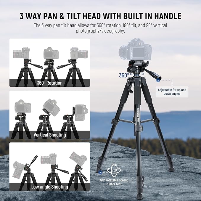 NEEWER BASICS Camera Tripod, 71'' Tripod with Cell Phone Holder Mount Compatible with iPhone for Video Recording, Professional Aluminum Lightweight Portable Travel Stand with 3 Way Pan Tilt Head, TP55