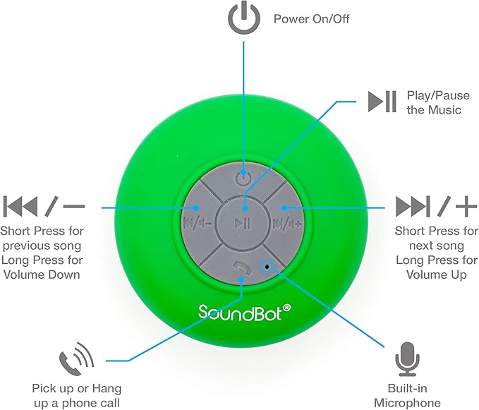 Soundbot SB510 HD Water Resistant Bluetooth Shower Speaker, Handsfree Portable Speakerphone with Built-in Mic, 6hrs of Playtime, Control Buttons and Dedicated Suction Cup for Showers (Green)