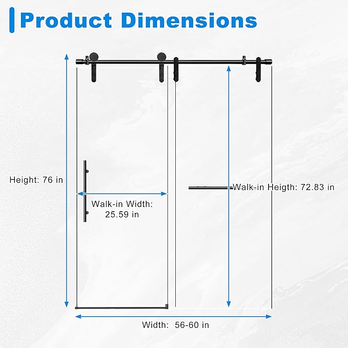 56-60" W x 76" H Frameless Shower Door Bathroom Sliding Shower Door 5/16"(8mm) Thick Tempered Glass Shower Door with Double Stainless Steel Handles for Walk-in Shower, Matte Black