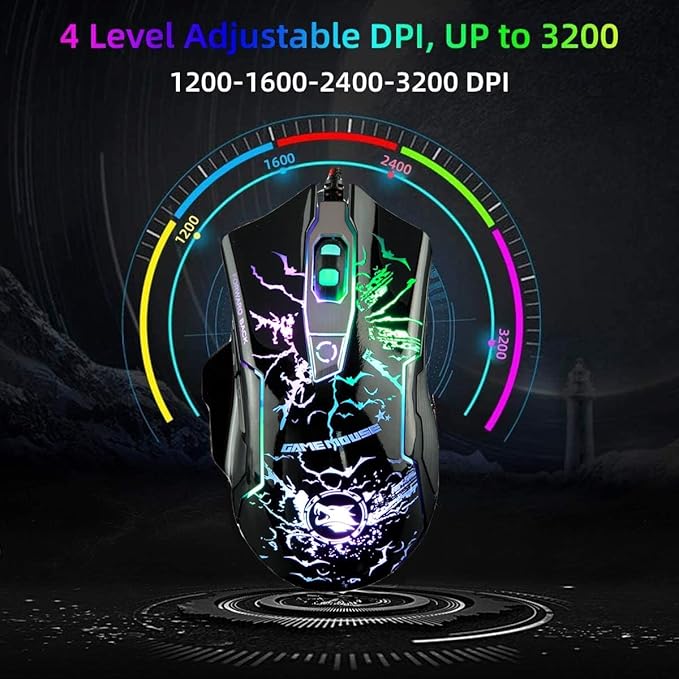 RGB Light up Wired Gaming Mouse M728 for Computer - Durable USB Led Laptop Mice w/7 Color Backlit, 4 Adjust DPI Up to 3200 for Gaming, Silent & Stable PC Corded Mouse for Mac MacBook Windows Linux PS4