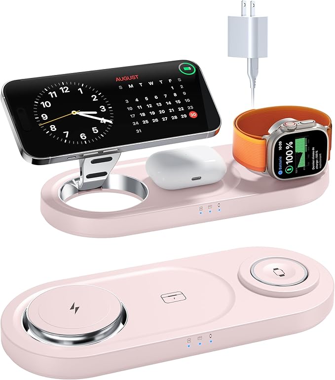 Upgraded 3 in 1 Wireless Charging Station for Apple Devices, Faster Mag-Safe Charger Stand, Magnetic Charger Station for iPhone 17/16/15/14/13/12 Series & AirPods Pro & Apple Watch Series （Pink）