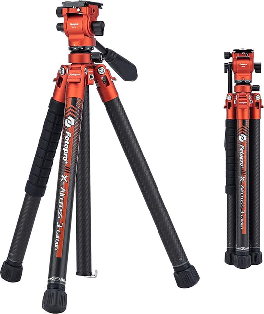 Fotopro Carbon Fiber Travel Tripod 2.2lbs Ultralight 64 Inch Portable Compact Travel Video Tripod for Camera DSLR Load up to 22lb X-Aircross 3 Lite Video Orange