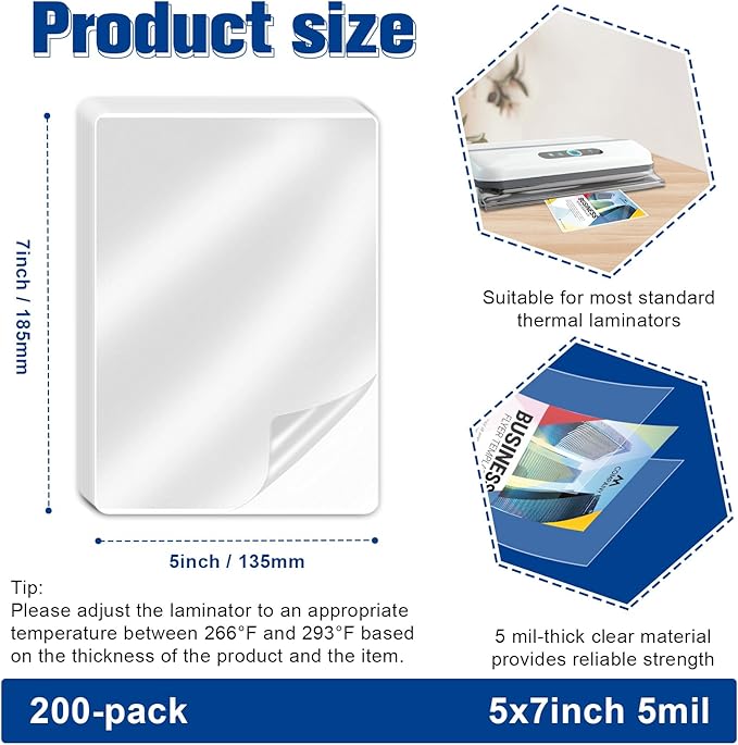 200 Pack 5mil 5“x7" Thermal Laminating Pouches Badge Laminate Pouches Clear Laminated Luggage Tags Printable Laminator Pouches for Business Permits Cards (200, 5.3"x7.3"-5mil)