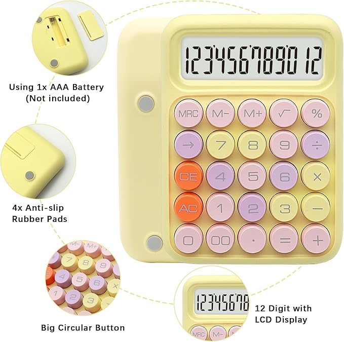 Standard Calculator - Colorful Yellow with 12 Digit Display and Big Buttons, Cute Office and School Accessory