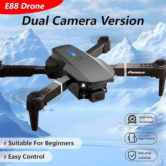 E88 Drone With Dual Camera, Mobile App Control, Indoor Flying Toy RC Plane With Video Function - Ideal Gift For Beginners, Christmas Halloween Thanksgiving Birthday Gift (Black+Dual Batteries)