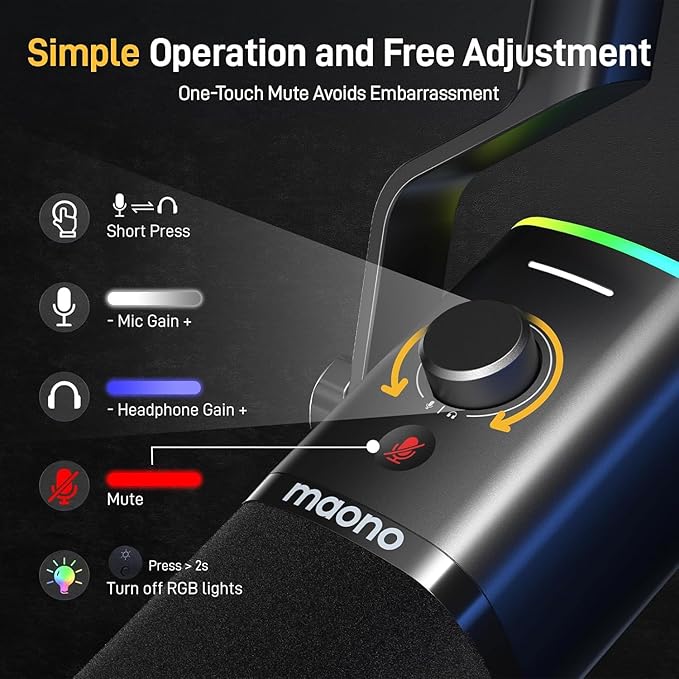 MAONO XLR/USB Gaming Microphone Kit: Dynamic PC Mic for Streaming Podcasting, Software Support, Mute Button, Gain Control, RGB Computer Mic with Boom Arm Stand, for Recording, PS4/PS5, PD100XS Black