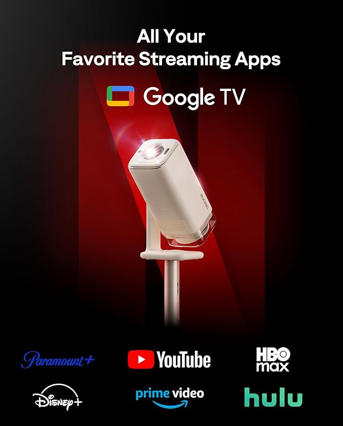 Aurzen BOOM Air Google TV Portable Projector with WiFi and Bluetooth, USB-C Powered, Smart Projector for Outdoor & Home Movie, 4K Supported, Real-Time Focus, Dolby Audio, Adjustable Stand, Off-White