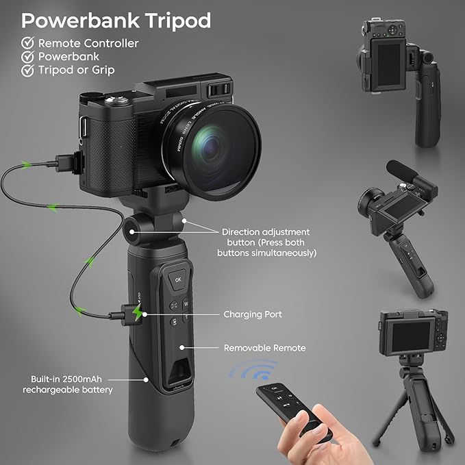 4K Vlogging Camera with Creator Kits 5K Digital Camera for Photography 64MP Video Camera with Flip Screen, Microphone, Powerbank Tripod, Wide-Angle & Macro Lens, Remote Control, Batteries