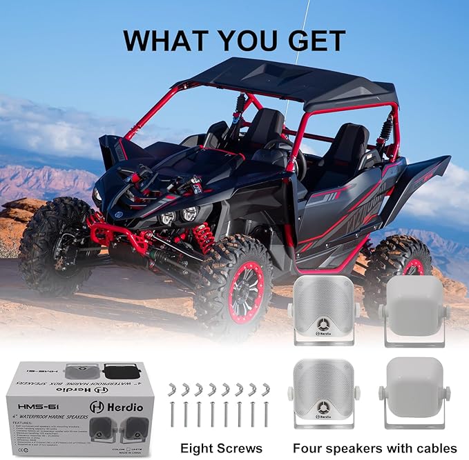 Herdio 4 Inches Heavy Duty Waterproof Boat Marine Box Outdoor Speakers Surface Mounted for Skid Steer ATV UTV RZR RV Golf Cart Tractor Powersports Boat Truck Jeep(4 White Speakers)