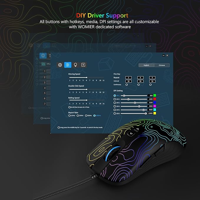 Womier Wired Gaming Mouse, 12800 DPI RGB Computer Mouse Topographic with 7 Programmable Buttons & 7 Backlit Modes, Software Supports DIY Black Gamer Mouse for Laptop PC Mac Windows (G706)