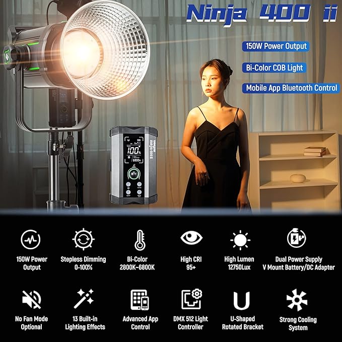 Weeylite Ninja 400 II LED Continuous Video Light, 150W 2800-6800K Bi-Color Bowens Mount Continuous Lighting App Control Dimmable LED COB Studio Lights with V-Mount for Photography Video Recording