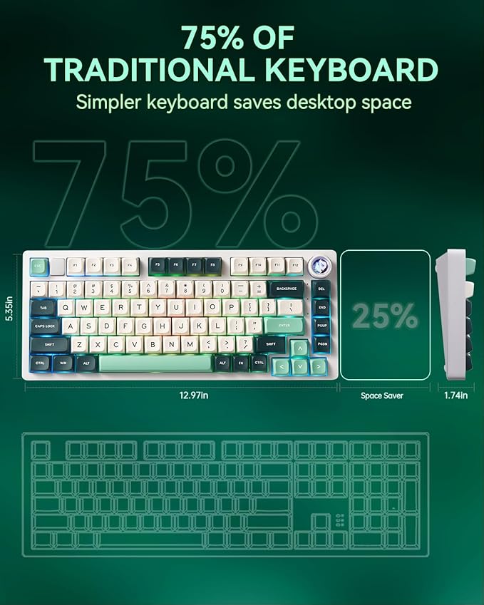 HI75C Pro Gaming Keyboard, RGB Backlit Bluetooth/USB-C/Wireless Mechanical Keyboard, Hot Swappable Creamy Keyboards for PC/MAC/Windows Gamer - Ice Vein Switch, Green