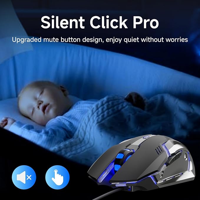 EWEADN G3 Wired Gaming Mouse, 2400 DPI Wired Optical Mouse with 6 Programmable Macro Buttons, Metal Base, 4-Color Breathing Light for PC/Laptop/Windows-Black