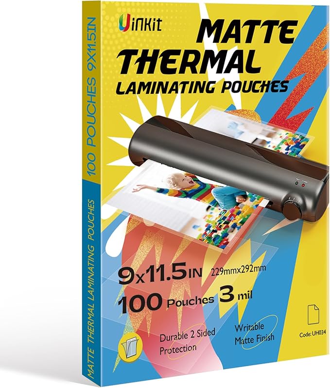 Uinkit Matte Thermal Laminating Pouches 9 x 11.5 Inches 3 Mil Thick Matte Finish 100 Sheets Large Package Fitted for Letter Size Laminating Sheets 8.5 x 11
